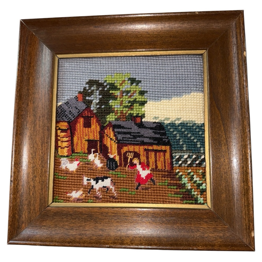 Vtg Needlepoint‎ Framed Folk Art Farm Scene Barn Animals Handmade Whimsical